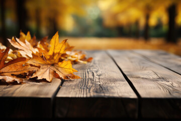 Autumn background, close up of old empty wooden table over the lake with copy space