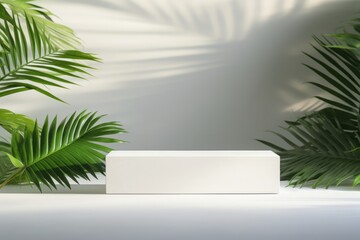 Beauty product photo background: smooth rectangular white podium in hard sunlight with palm tree leaf on white background, negative space