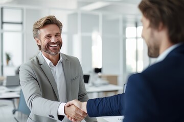 Portrait of Smiling Businessman Greeting Client in Office, Happy Manager Discussing with Partner, Recruiting Job Interview
