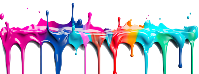 Dripping paint on transparent background. Mixing different colored paints, artistic painting, colorful.  Wide long banner style . Generative AI