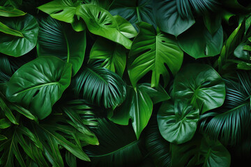 Green leaves background. Green leaves color tone dark in the morning
