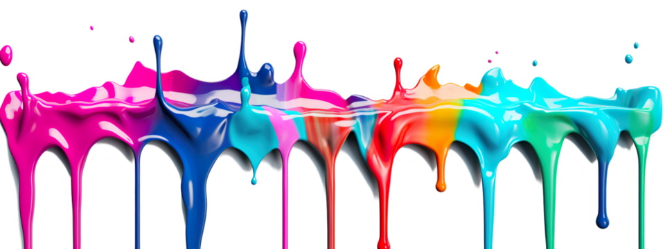 Dripping paint on transparent background. Mixing different colored paints, artistic painting, colorful.  Wide long banner style . Generative AI