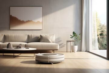 Robot cleaner in modern living room interior with sofa background. Smart home concept.