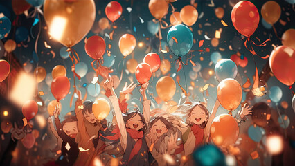 Happy children with bright colorfull balloons celebrates a birthday. colorfull happy light background. - obrazy, fototapety, plakaty