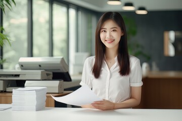 Portrait of Happy Asian Woman Manager Holds Paper in Modern Office, Smiling Female Holding CV for Job Interview, Bueatiful Accountant with Financial Reports Paper