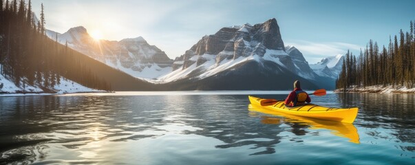 Winter kayaking , man paddling on sea kayak between icebergs.  Generative ai