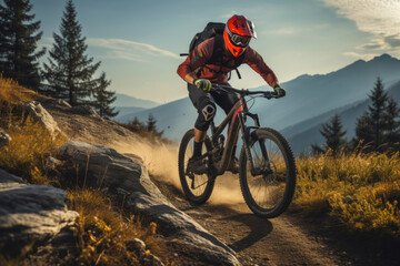 Fototapeta premium Cyclist Riding the Bike Down the Rock at Sunrise in the Beautiful Mountains on the Background. Extreme Sport and Enduro Biking Concept.