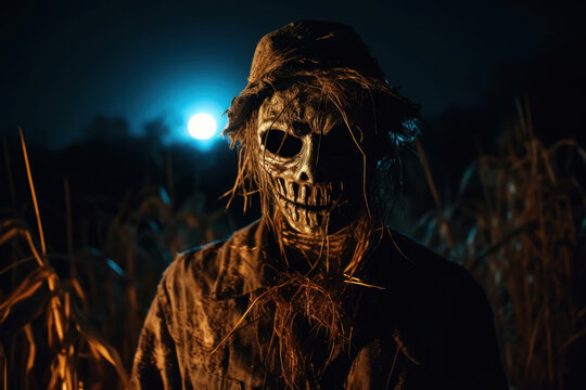 Scary scarecrow on a scary night. Generative AI.