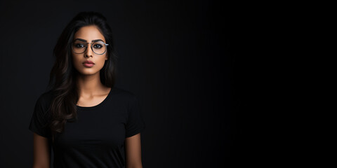 Attractive indian woman wearing black t-shirt and glasses. Isolated on black background.