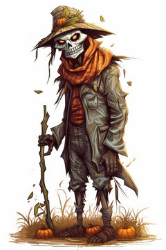 Cartoon of a halloween scarecrow. White background. Generative AI.