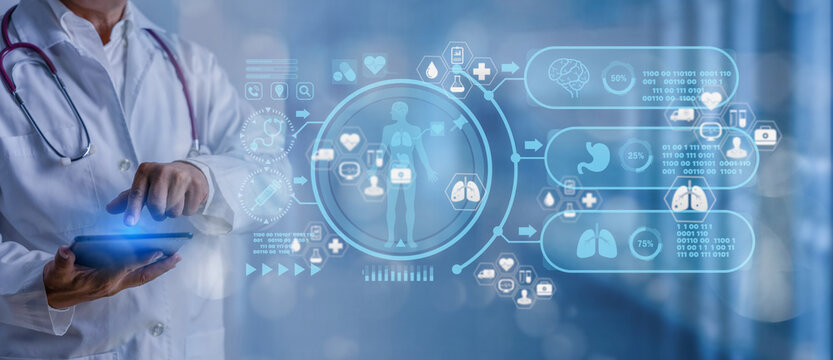Medicine doctor and stethoscope touching computer interface as medical network connection with modern virtual screen on digital tablet in hospital background. Medical technology network concept