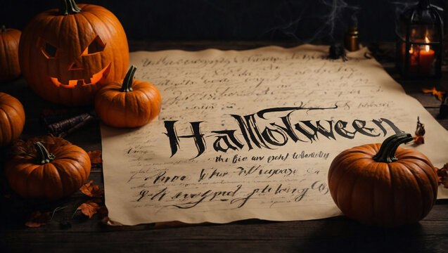Scritta Halloween su carta antica, papiro con Jack Lanterna e candele, tipografia