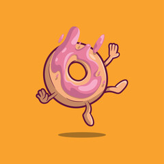 Donut Character falling vector illustration. Food, funny, logo design concept.