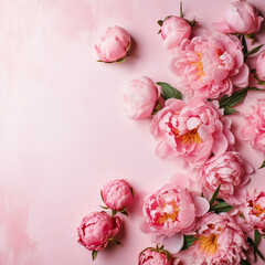 Peonies blossoms on light background with copy space