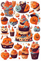 Cartoon illustration of cookies and candy set for Halloween party.Generative AI.