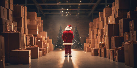 Christmas gift delivery Santa Claus standing in shop warehouse storage full of cardboard present boxes concept of logistic e-commerce e-business holiday package goods shipping service