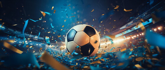 Soccer ball ! Close up of a soccer ball in the center of the football stadium illuminated by the headlights with falling confetti. Goal Winning celebration as its peak moment. Generative ai