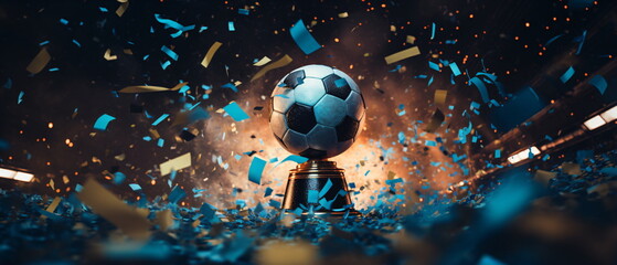 Soccer ball ! Close up of a soccer ball in the center of the football stadium illuminated by the headlights with falling confetti. Goal Winning celebration as its peak moment. Generative ai