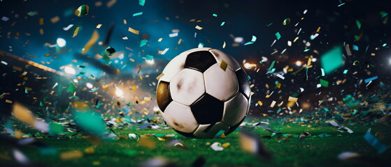 Soccer ball ! Close up of a soccer ball in the center of the football stadium illuminated by the headlights with falling confetti. Goal Winning celebration as its peak moment. Generative ai