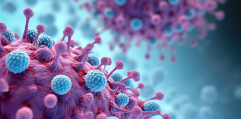 cancer virus cell 3d graphic, bright colours, covid style flu virus in blue and purple tones, generative ai