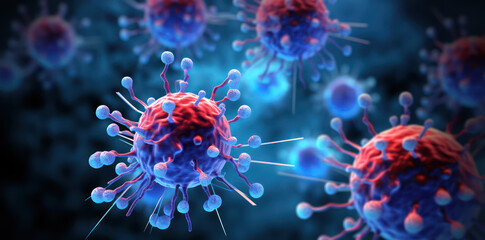 cancer virus cell 3d graphic, bright colours, covid style flu virus in blue and purple tones, generative ai