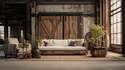 Farmhouse Industrial Fusion: A blend of rustic farmhouse and industrial elements with distressed wood, metal accents, and a leather sofa. A sliding barn door adds character  - obrazy, fototapety, plakaty