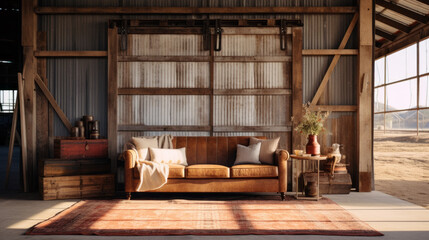 Farmhouse Industrial Fusion: A blend of rustic farmhouse and industrial elements with distressed wood, metal accents, and a leather sofa. A sliding barn door adds character  - obrazy, fototapety, plakaty