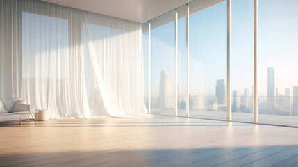 Floor-to-Ceiling Windows: On one side of the room, there are expansive floor-to-ceiling windows, allowing ample natural light to flood the space. White sheer curtains billow softly in the breeze - obrazy, fototapety, plakaty