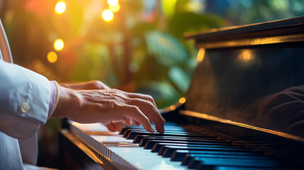 Male hands playing the piano with bokeh lights in the background - obrazy, fototapety, plakaty