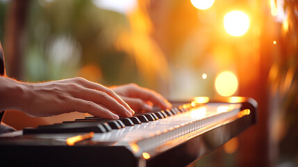 Male hands playing the piano with bokeh lights in the background - obrazy, fototapety, plakaty
