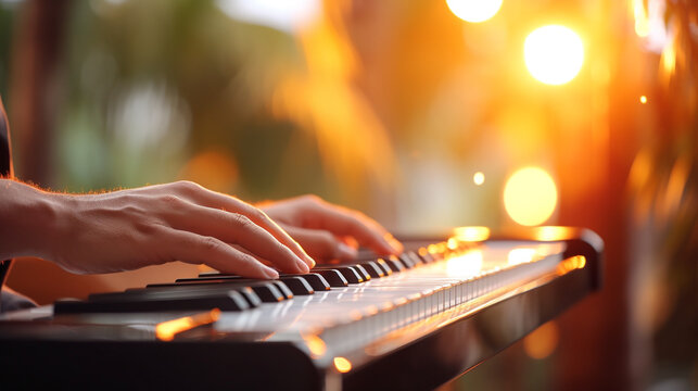 Male Hands Playing The Piano With Bokeh Lights In The Background