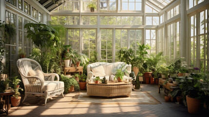 Garden Conservatory: Surrounded by greenery, this room features an abundance of indoor plants, wicker furniture, and a glass coffee table, blurring the line between indoors and outdoors - obrazy, fototapety, plakaty