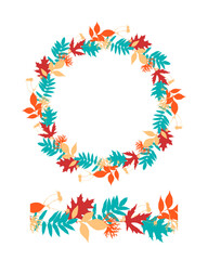 Brush patterned seamless and wreath of autumn leaves, isolated, on a white background. Vector illustration