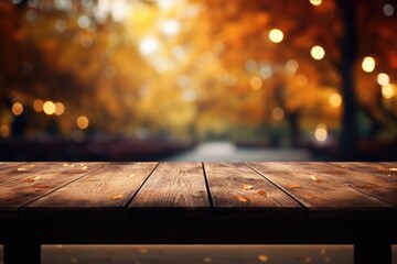 Old wood table background bockeh autumn - obrazy, fototapety, plakaty
