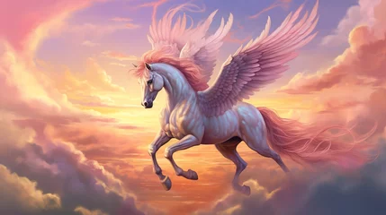 Foto op Canvas Flying horse with wings in the sky at sunset in the clouds © Diana