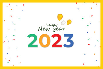Happy new year 2023 celebration card with confetti and balloons decoration new design