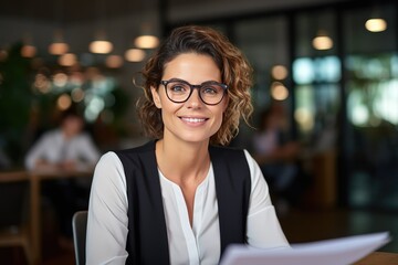Smiling mature businesswoman HR holding CV in a job interview. Happy middle-aged professional financial bank manager.