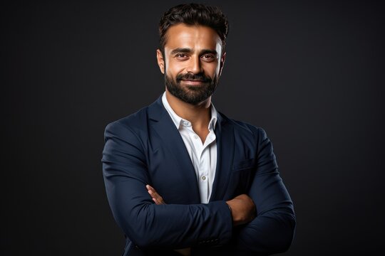 Proud and confident bearded Indian investor, wealthy ethnic CEO