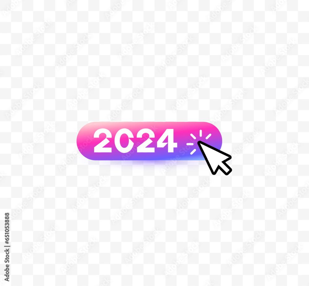 Poster Hand poiner click on 2024 numbers, vibrant and innovative gradient color of button design. Perfect for tech-savvy individuals looking for a bold, playful graphic. Vector illustration.