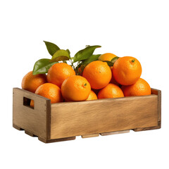 Oranges in a wooden with leaves box isolated on white background