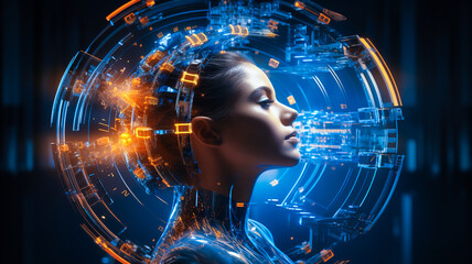 Portrait of a woman with virtual reality projections of digital icons around her face, artificial intelligence technology concept