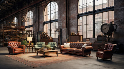 Industrial Vintage Warehouse: Emulates the feel of a converted warehouse with exposed brick walls, industrial lighting, and vintage leather furniture - obrazy, fototapety, plakaty