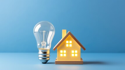 White light bulb beside wooden house model on bright blue background. Energy saving light bulb. energy efficient home, new home Idea. energy saving. technology protection of the house from the cold.
