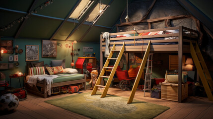 Kids' Adventure Room: Designed for young explorers, this room features bunk beds, a climbing wall, and a treasure chest filled with toys and costumes - obrazy, fototapety, plakaty