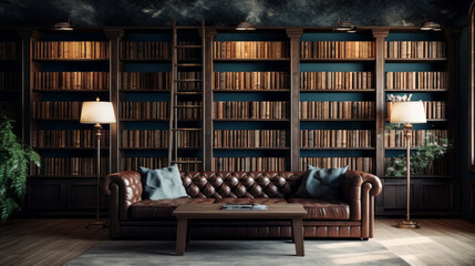 Library Lounge: A wall of built-in bookshelves houses a vast collection of books. A leather sofa, reading nooks, and a wooden coffee table create a cozy reading space