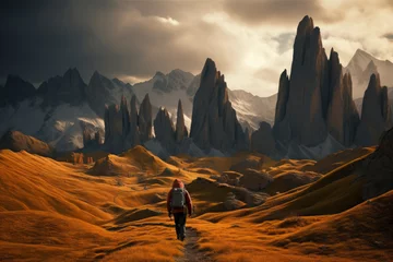 Foto op Canvas Man backpacker hiking in mountains alone outdoor active lifestyle travel adventure vacations sunset landscape © Tjeerd