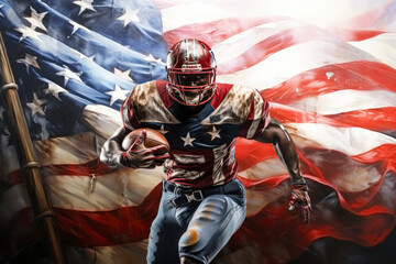 American football player in action and movement in front of a background of the flag of the United States.