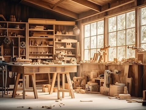 Carpentry shop interior with wood and tools