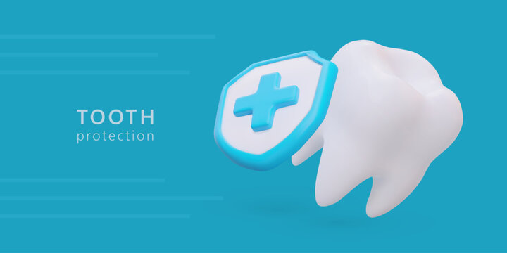 Protection of teeth. Molar with medical shield. Vector banner with text. Dentist services. Advertising of dental care products. Horizontal concept on blue background