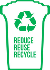Green trash can with Reduce Reuse Recycle text and logo minimalistic flat style